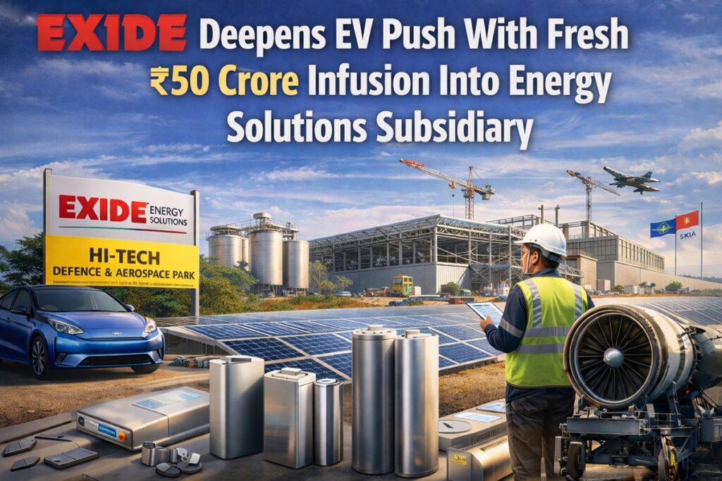 Exide Deepens EV Push With Fresh ₹50 Crore Infusion Into Energy Solutions Subsidiary. Exide Deepens EV Push With Fresh ₹50 Crore Infusion Into Energy Solutions Subsidiary.