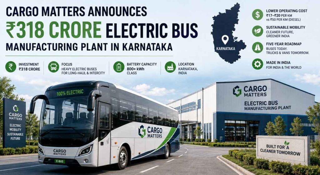 Cargo Matters Announces ₹318 Crore Electric Bus Manufacturing Plant in Karnataka. Cargo Matters Announces ₹318 Crore Electric Bus Manufacturing Plant in Karnataka.