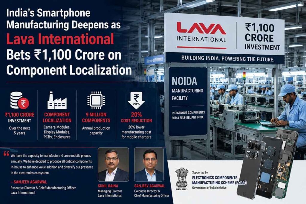 India’s Smartphone Manufacturing Deepens as Lava International Bets ₹1,100 Crore on Component Localization. India’s Smartphone Manufacturing Deepens as Lava International Bets ₹1,100 Crore on Component Localization.